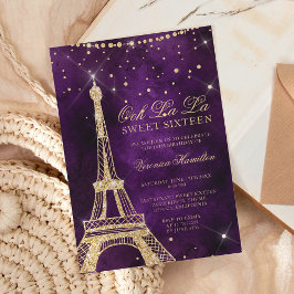 Eiffel torn chic guld glitter lila Sweet 16 Inbjudningar