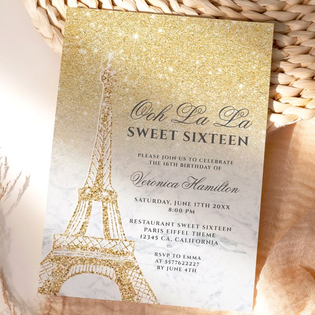 Eiffel torn chic guld glitter marble Sweet 16 Inbjudningar (Skapare uppladdad)