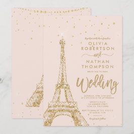 Eiffel torn chic guld glitter  rosa bröllop inbjudningar