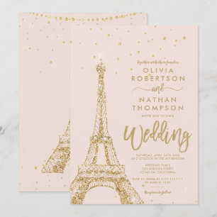 Eiffel torn chic guld glitter rosa bröllop inbjudningar