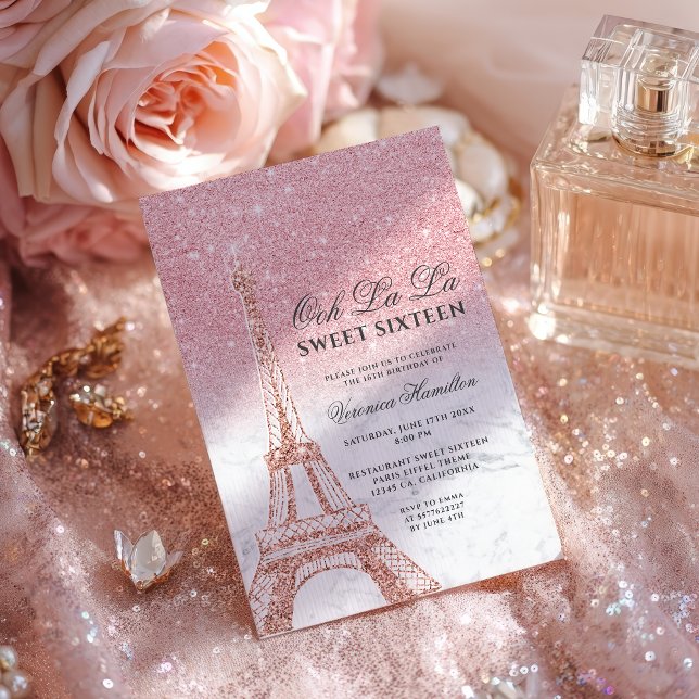 Eiffel torn chic rosa glitter marble Sweet 16 Inbjudningar (Eiffel tower chic pink glitter marble Sweet 16 Invitation)