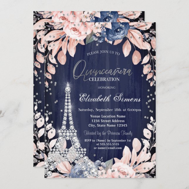 Eiffel Torn Diamonds Navy Blue Ro Quinceanera Inbjudningar (Fram/baksida)