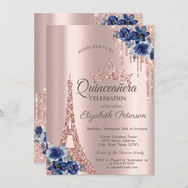 Eiffel Torn,Drips Blåa blommor Quinceañera Inbjudningar (Fram/baksida)