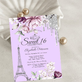 Eiffel Torn,Drips,Lilac Flowers Sweet 16 Inbjudningar