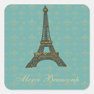 Eiffel Torn Fleur de Lis Vintage Grönt Fyrkantigt Klistermärke