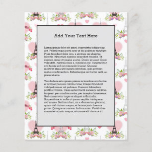 Eiffel Torn Flowers Rosa Hearts Paris Fransk Flygblad