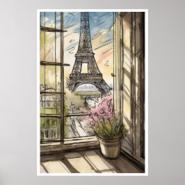 Eiffel Torn genom ett fönster Poster