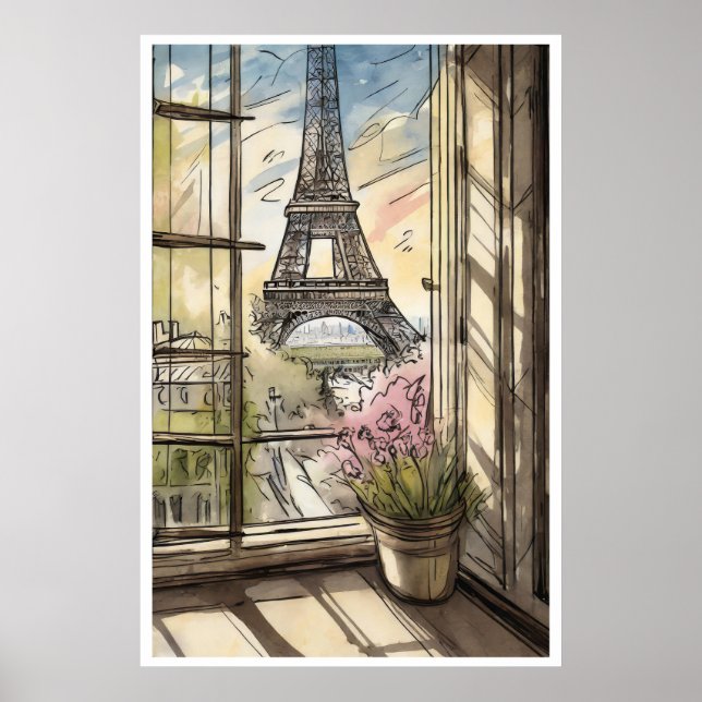 Eiffel Torn genom ett fönster Poster (Framsidan)
