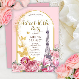 Eiffel Torn Glitter & Flowers Girly Sweet 16 Inbjudningar