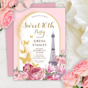 Eiffel Torn Glitter & Flowers Girly Sweet 16 Inbjudningar