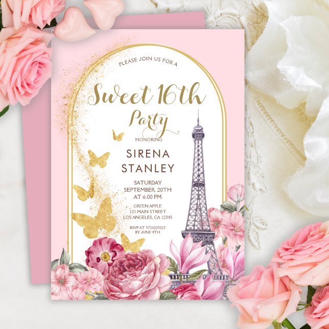 Eiffel Torn Glitter & Flowers Girly Sweet 16 Inbjudningar (Skapare uppladdad)