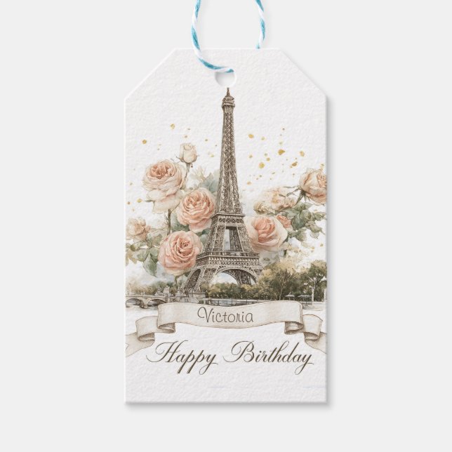 Eiffel Torn ’Grattis på födelsedagen’ med eget nam Presentetikett (Framsidan)