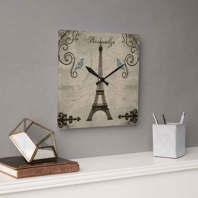Eiffel Torn Grunge Wall Clock Fyrkantig Klocka (Kontor)