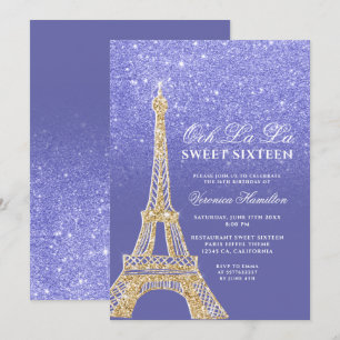 Eiffel torn guld glitter  blue lila Sweet 16 Inbjudningar