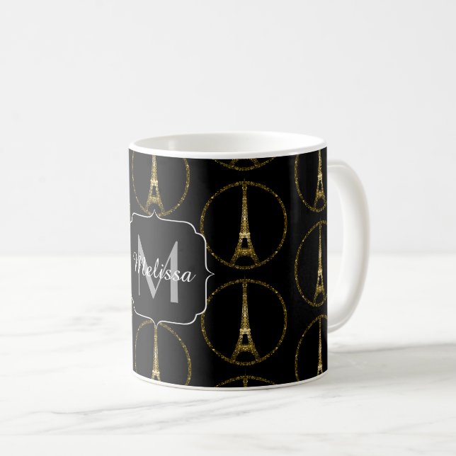 Eiffel Torn guld glitter gnistra mönster Monogram Kaffemugg (Framsida höger)