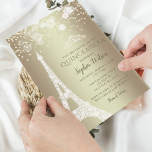 Eiffel Torn Guld Gnistra Glitter Quinceañera Inbjudningar