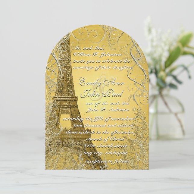 Eiffel Torn Guld Swirl Löv Burnt Guld Metallic Inbjudningar (Stående Fram)