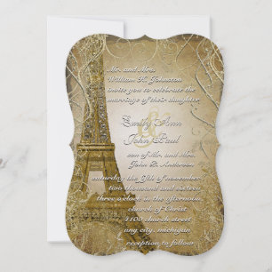 Eiffel Torn Guld Swirl Löv Burnt Guld Metallic Inbjudningar