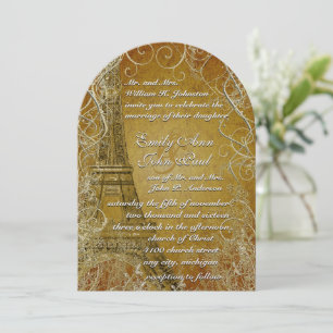 Eiffel Torn Guld Swirl Löv Burnt Guld Metallic Inbjudningar