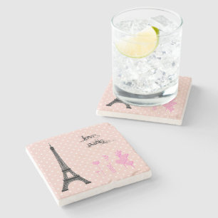 Eiffel Torn, Hearts, Polka dots - Svart Rosa Stenunderlägg