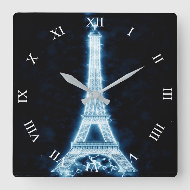 Eiffel Torn i Vita Neon Glow Square Wall Clock Fyrkantig Klocka (Framsida)