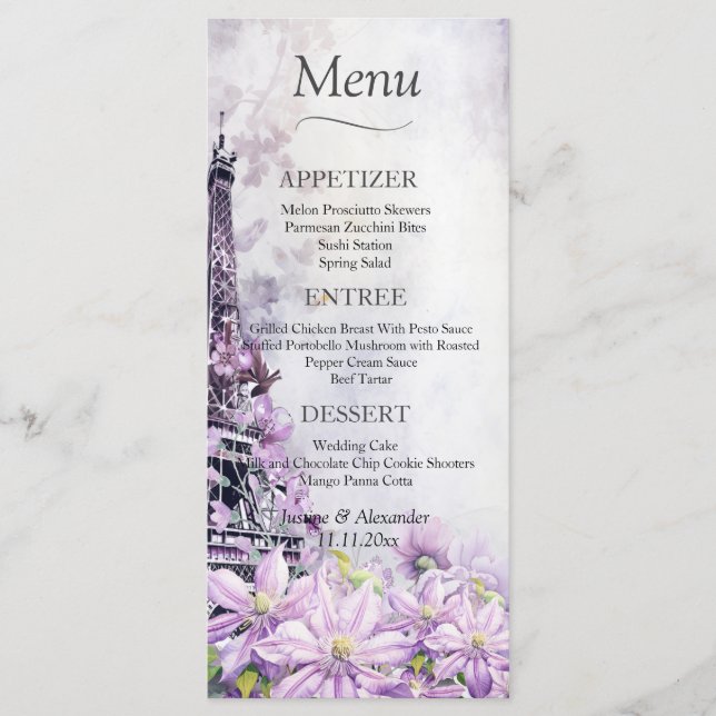 Eiffel Torn Lavender Romantik Bröllop Menu Meny (Framsida)