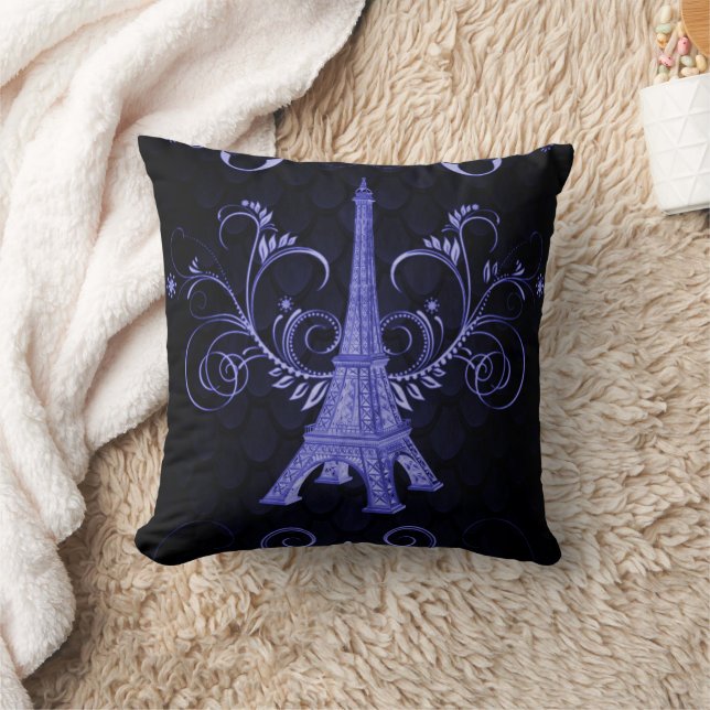 Eiffel Torn Lila Blommigt Swirls Pillow Kudde (Filt)