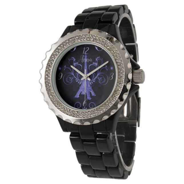 Eiffel Torn Lila Blommigt  Swirls Watch Armbandsur (Vinklad)