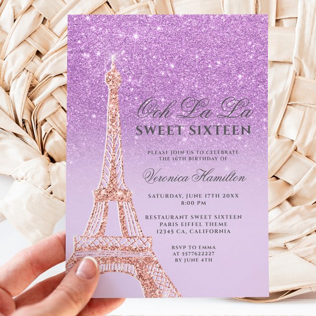 Eiffel torn lila glitter lavender Sweet 16 Inbjudningar (Skapare uppladdad)