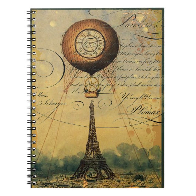 Eiffel Torn Luftballong Steampunk Anteckningsbok Med Spiral (Framsidan)