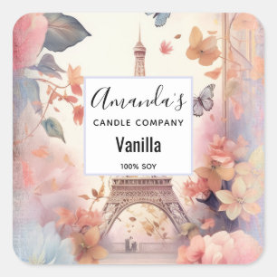 Eiffel Torn med Flowers Candle Business Fyrkantigt Klistermärke
