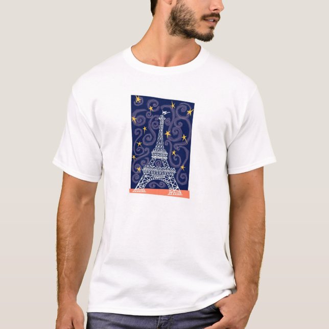 Eiffel Torn med stjärnor och sawirls Tee Shirt (Framsida)