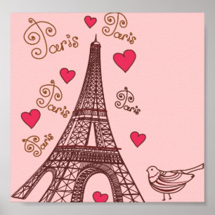 Eiffel torn och hjärtor i rosor poster