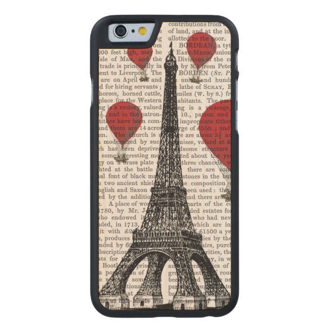 Eiffel Torn och Red Luftballongs Carved Wood iPhone Skal (Baksidan)