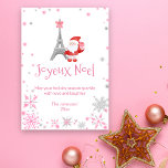 Eiffel Torn och Santa Rosa Paris-jul Julkort<br><div class="desc">Detta vackra Paris-temat julkort är fullt av stollig med en rosa julfest. Eiffel torn är försedd med en söt rosa och ett underbart Jultomten håller en söt rosa närvarande. Scenen är fylld med fallande rosa och silver snöflingor. "Joyeux Noel" är den Julhälsningar som visas på kortets framsida. Anpassa enkelt med...</div>