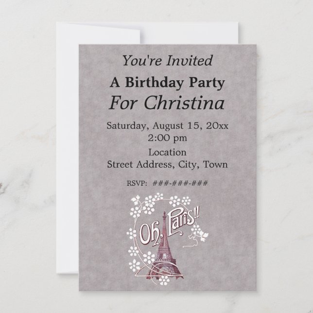 Eiffel Torn Oh Paris Frankrike Birthday White Flow Inbjudningar (Framsida)