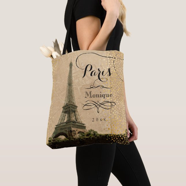 Eiffel Torn Paris Beige Faux Guld Monogram Namn Tygkasse (Närbild)