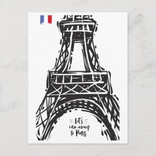 *~* Eiffel Torn Paris Black Outline White Vykort