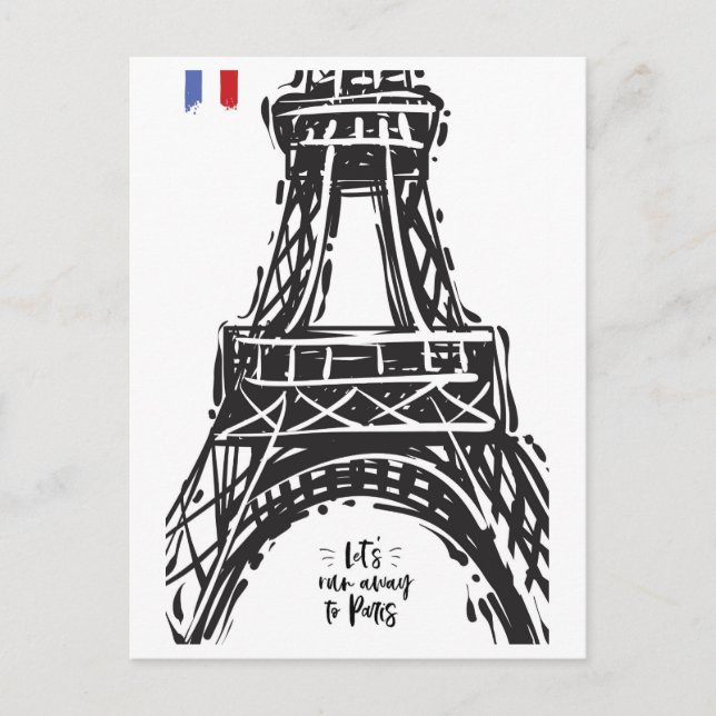 *~* Eiffel Torn Paris Black Outline White Vykort (Framsida)