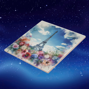 Eiffel Torn Paris Blommigt Watercolor Kakelplatta