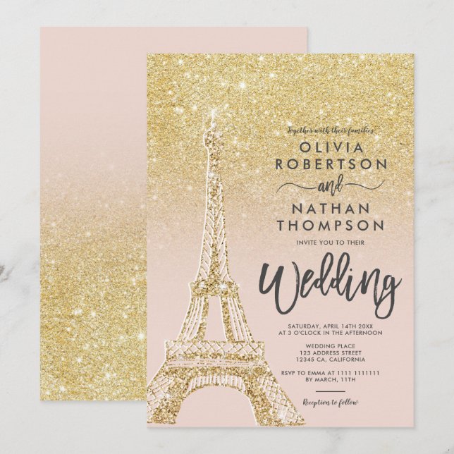 Eiffel torn Paris chic guld glitter rosa bröllop Inbjudningar (Fram/baksida)