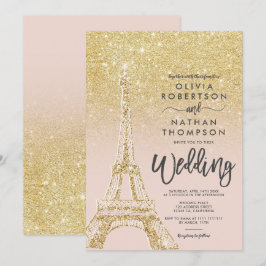 Eiffel torn Paris chic guld glitter rosa bröllop Inbjudningar