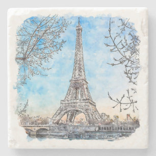 Eiffel Torn Paris Frankrike Hand plockade Watercol Stenunderlägg