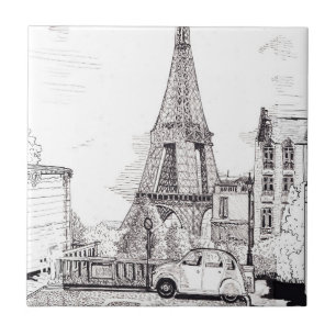 Eiffel Torn Paris Frankrike Pen Bläck Illustration Kakelplatta