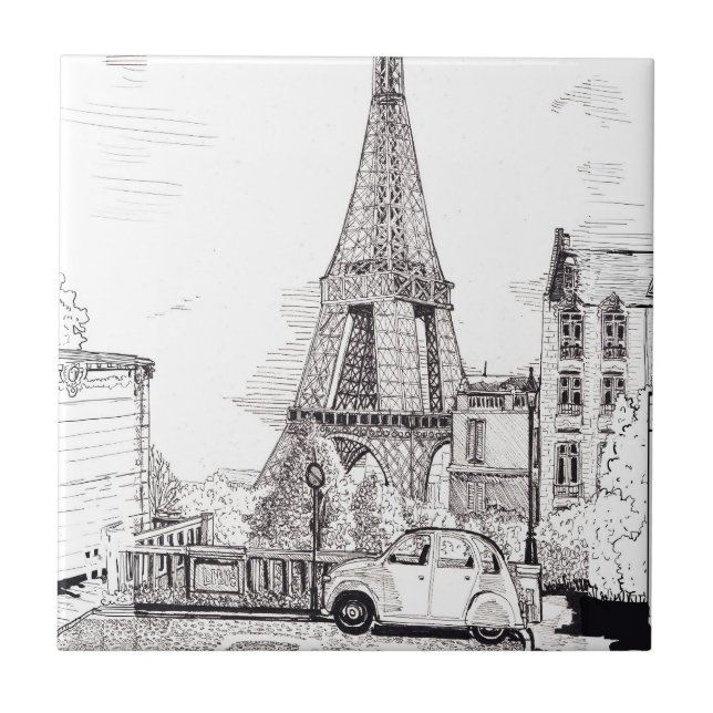 Eiffel Torn Paris Frankrike Pen Bläck Illustration Kakelplatta (Framsidan)