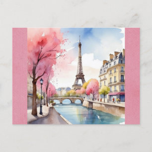 Eiffel Torn Paris Frankrike Rosa Watercolor Water Vykort