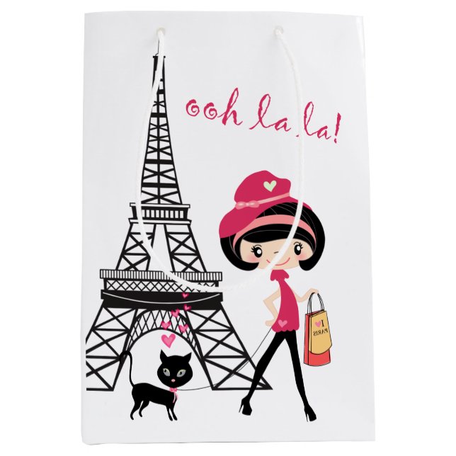 Eiffel Torn Paris Girl and Cat Black and Rosa (Framsidan)