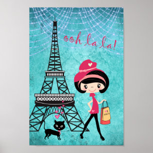 Eiffel Torn Paris Girl and Cat Blue Damask Poster