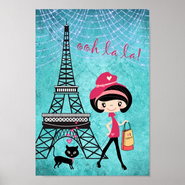 Eiffel Torn Paris Girl and Cat Blue Damask Poster (Framsidan)