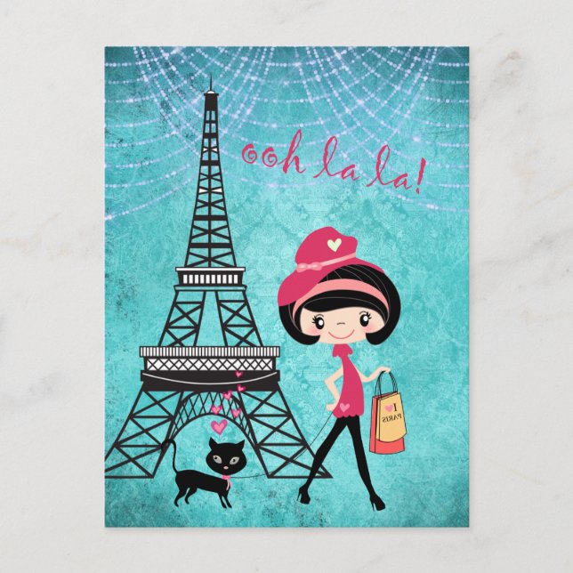 Eiffel Torn Paris Girl and Cat Blue Damask Vykort (Framsida)